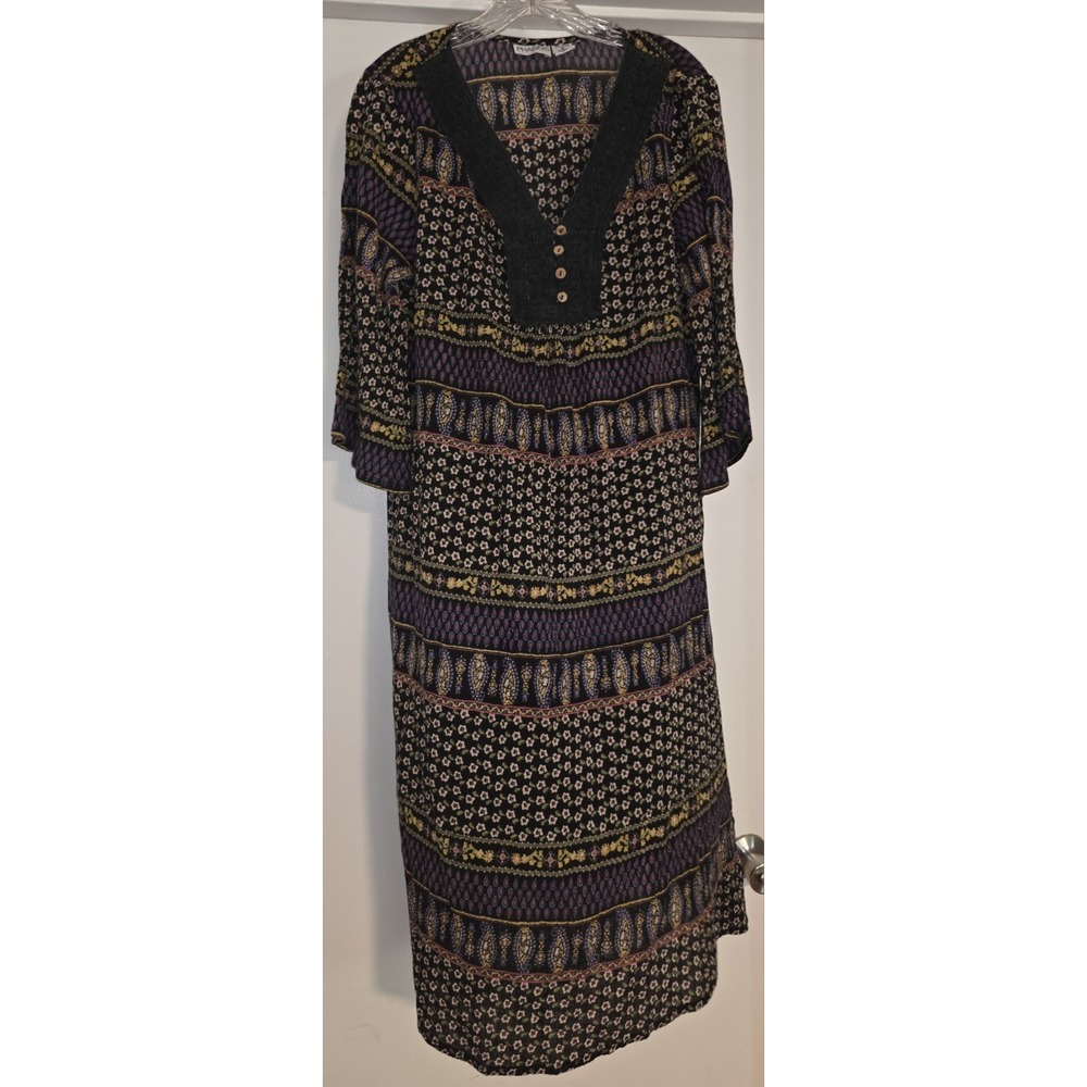 Vintage‎ Phases Black  Floral Patio Dress Womens Size M 100% Cotton